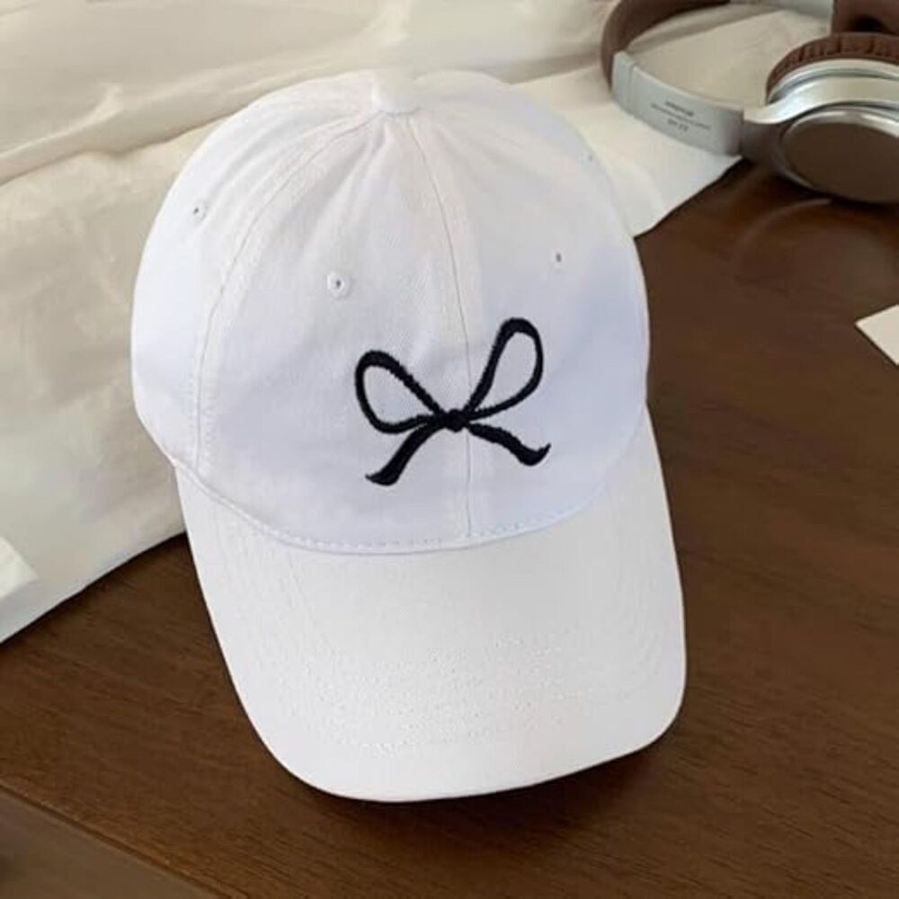 Unisex White Embroidered Bow Tie 100% Cotton Adjustable Classic Baseball Caps